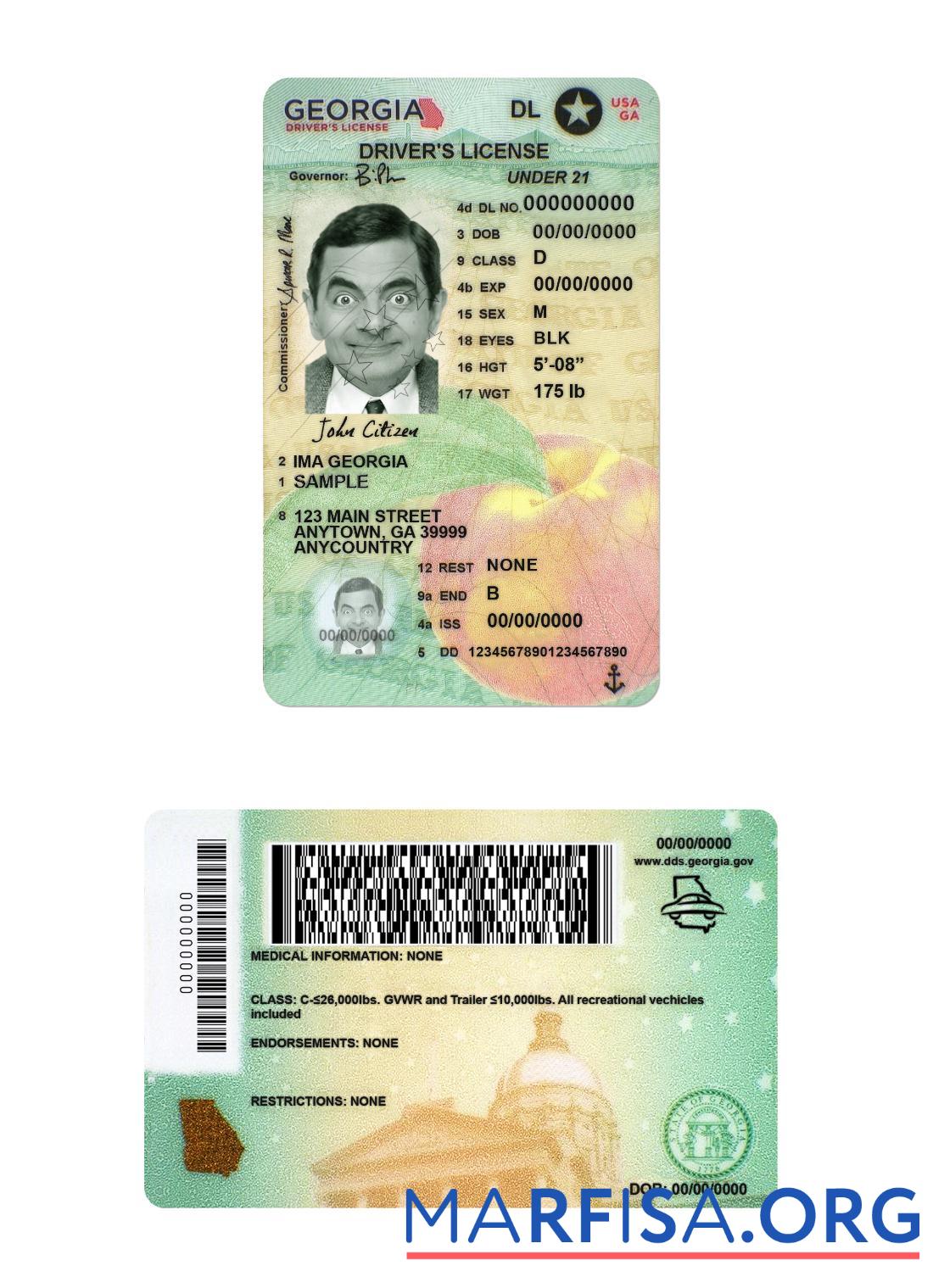 Blank USA Georgia driving license under 21 sample